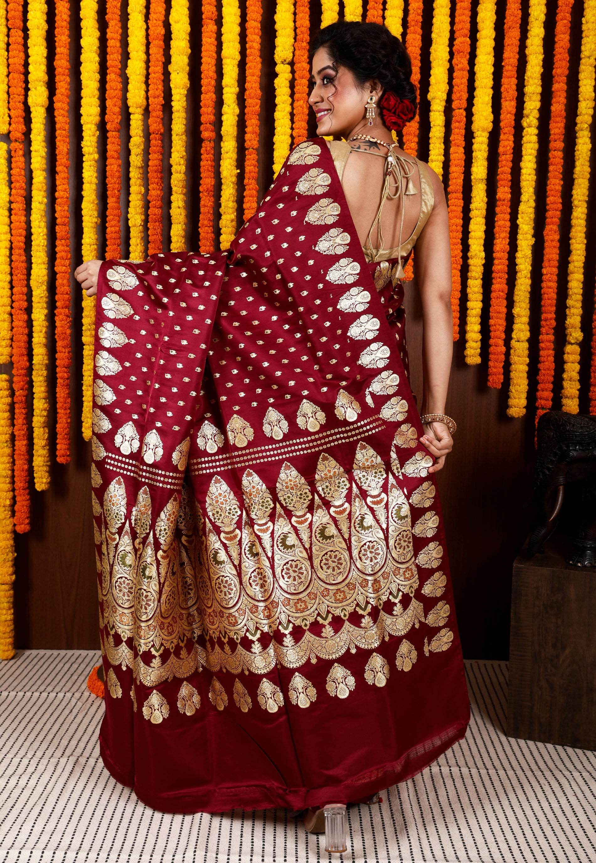 Maroon Wedding Banarasi Silk Saree with Blouse Piece - Adi Akshoy & Co.