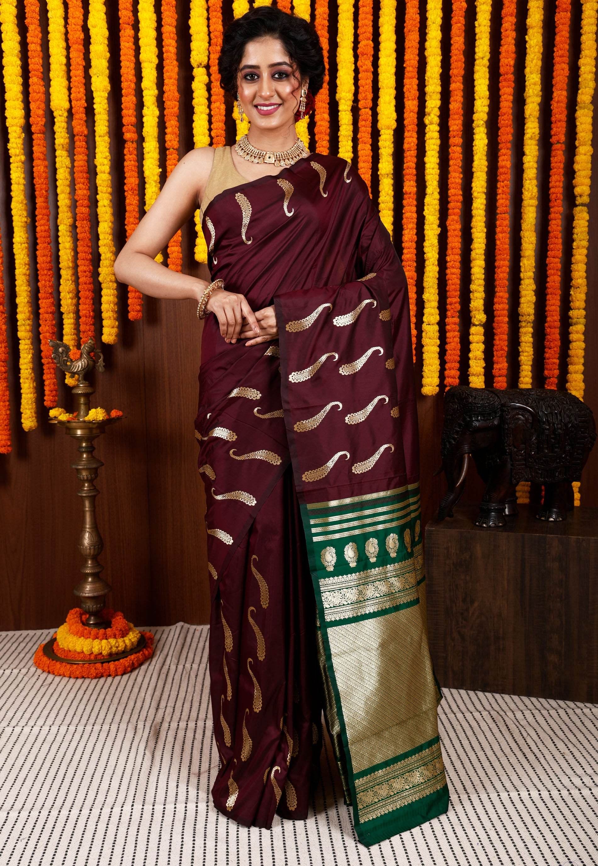 Maroon Kanjivaram Silk Saree With Blouse Piece - Adi Akshoy & Co.