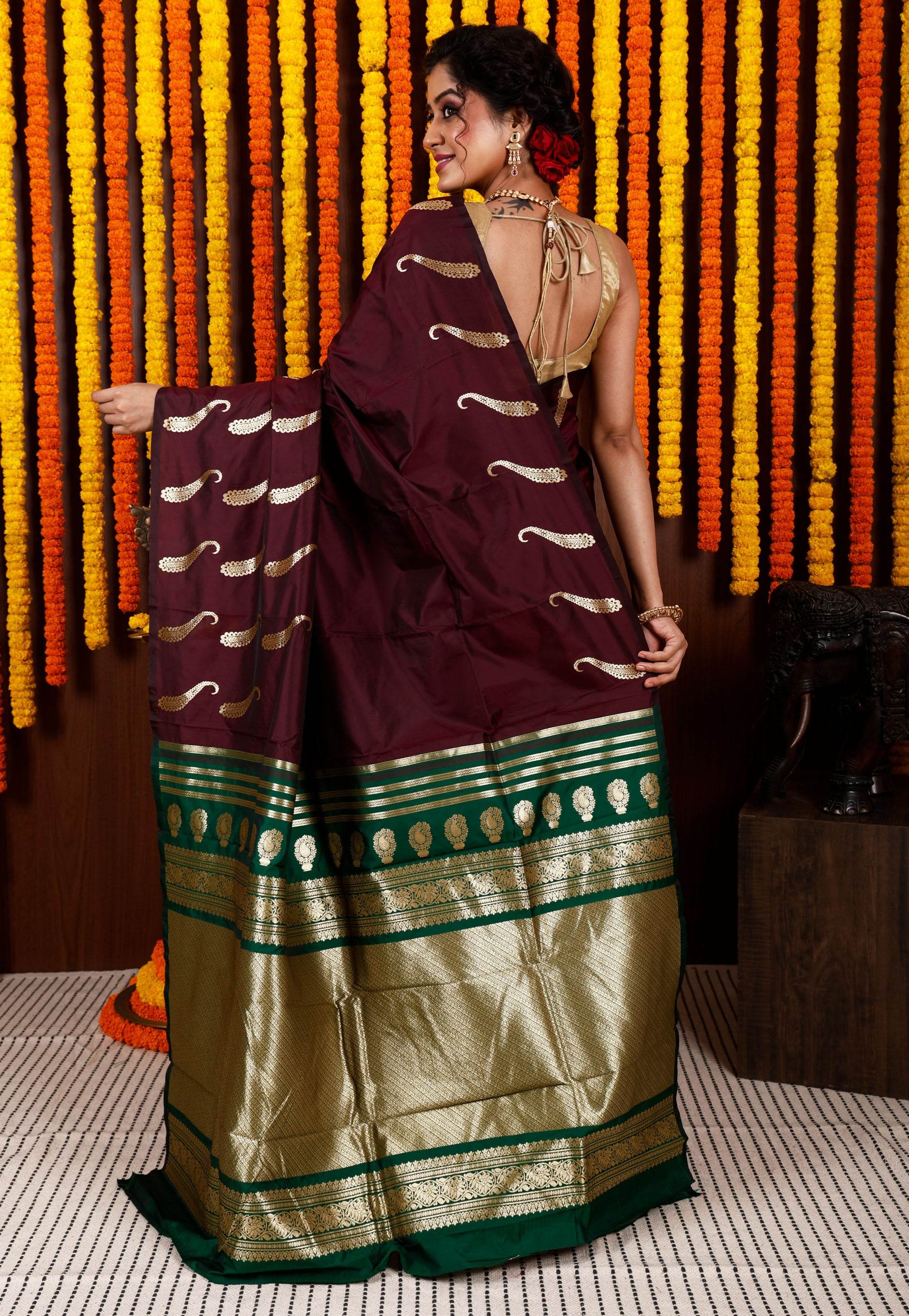 Maroon Kanjivaram Silk Saree With Blouse Piece - Adi Akshoy & Co.
