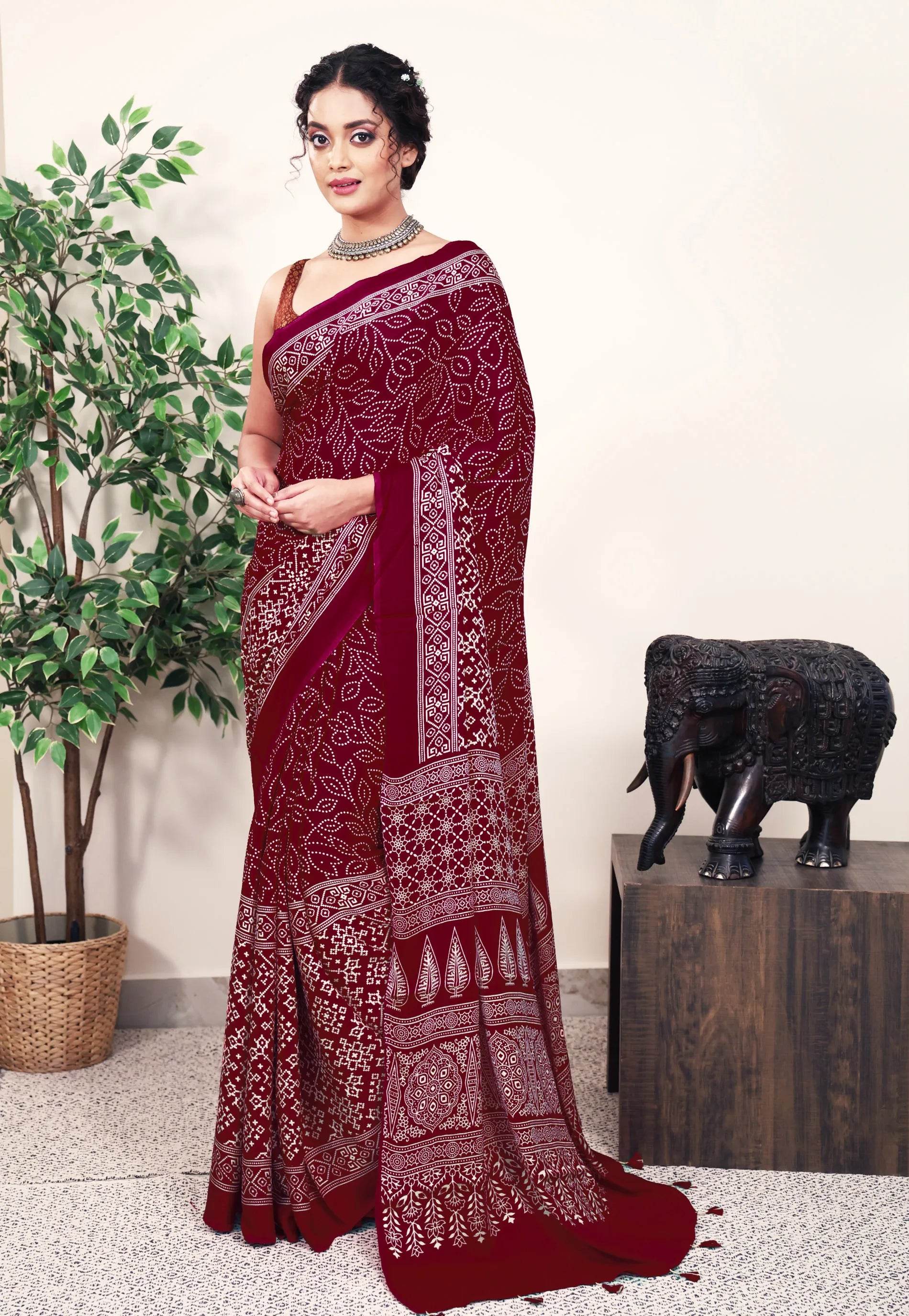 Maroon Ajrakh print in Modal Silk Saree With Blouse Piece - Adi Akshoy & Co.