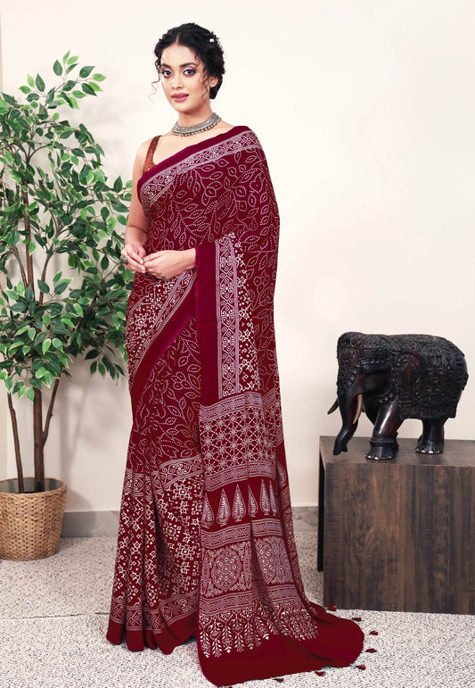 Maroon Ajrakh print in Modal Silk Saree With Blouse Piece - Adi Akshoy & Co.