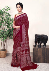 Maroon Ajrakh print in Modal Silk Saree With Blouse Piece - Adi Akshoy & Co.