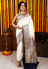 Cream with Navy Blue Korial Banarasi Silk Saree With Blouse Piece - Adi Akshoy & Co.