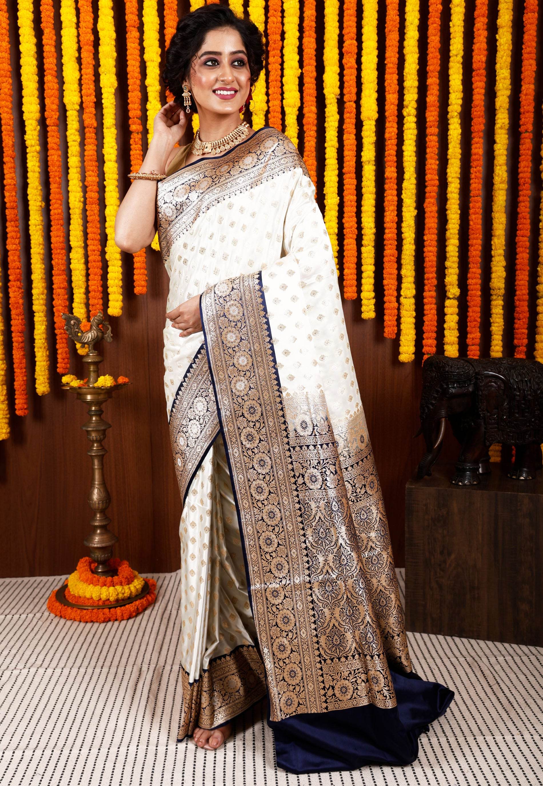 Cream with Navy Blue Korial Banarasi Silk Saree With Blouse Piece - Adi Akshoy & Co.