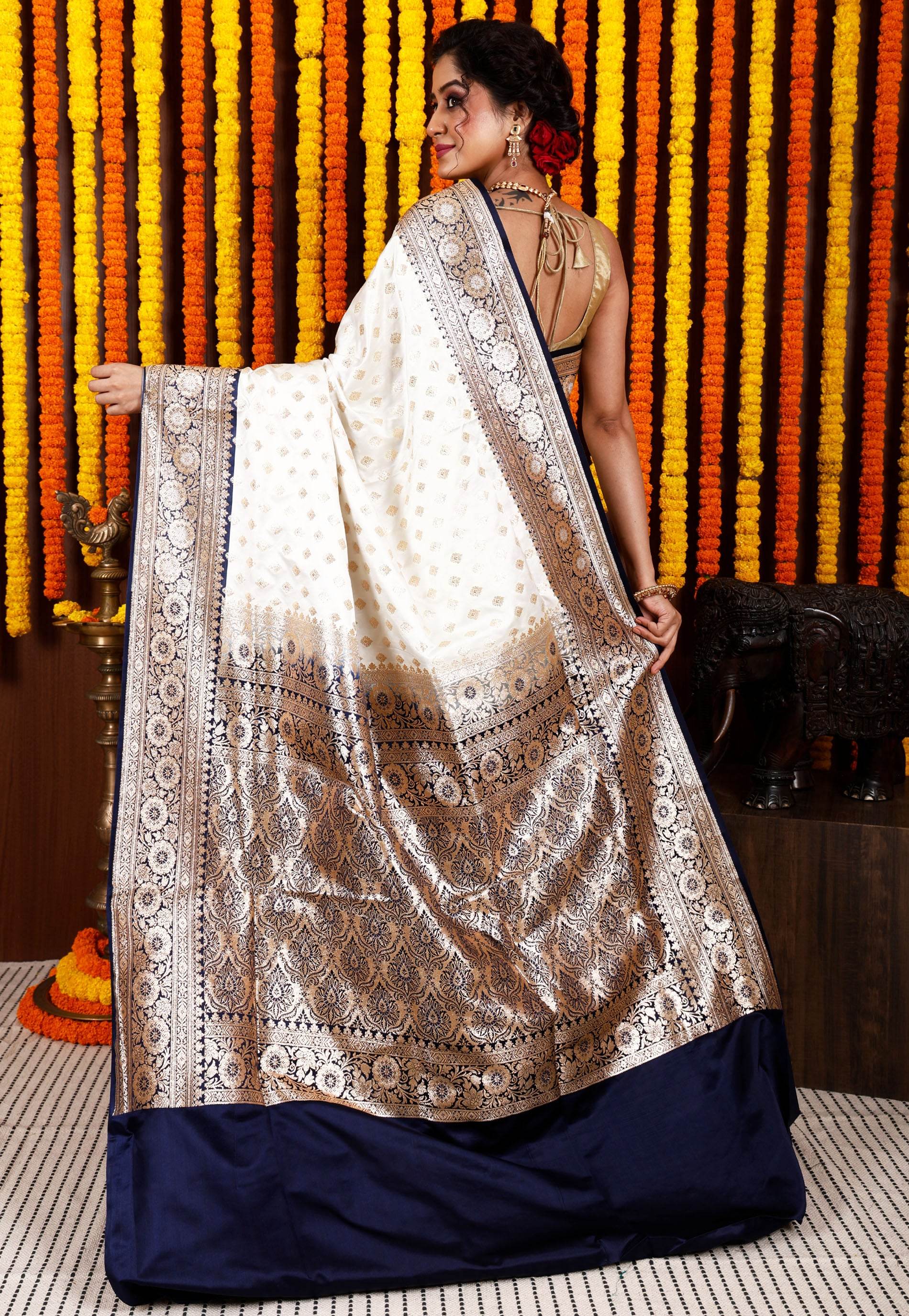 Cream with Navy Blue Korial Banarasi Silk Saree With Blouse Piece - Adi Akshoy & Co.