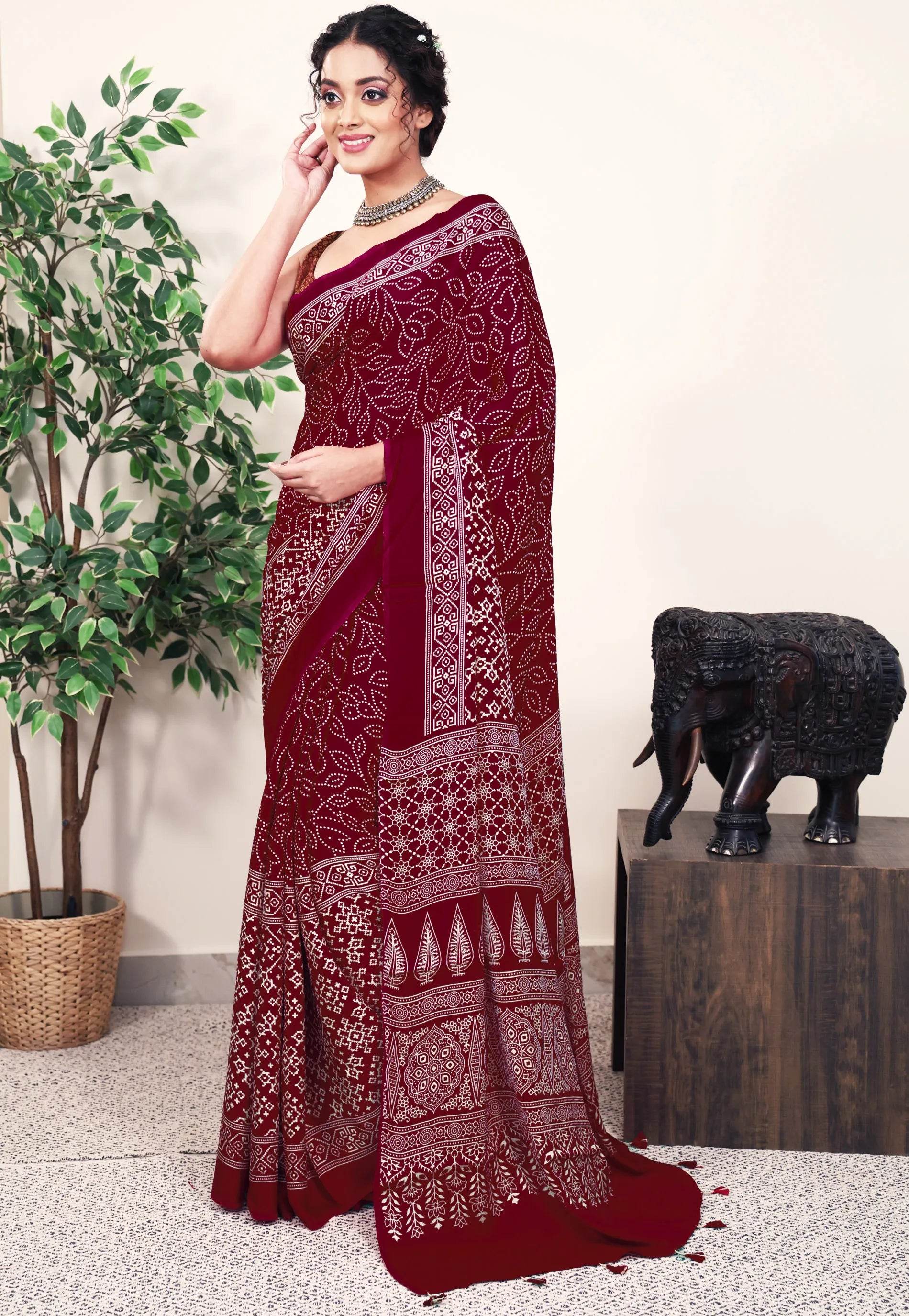 Maroon Ajrakh print in Modal Silk Saree With Blouse Piece - Adi Akshoy & Co.