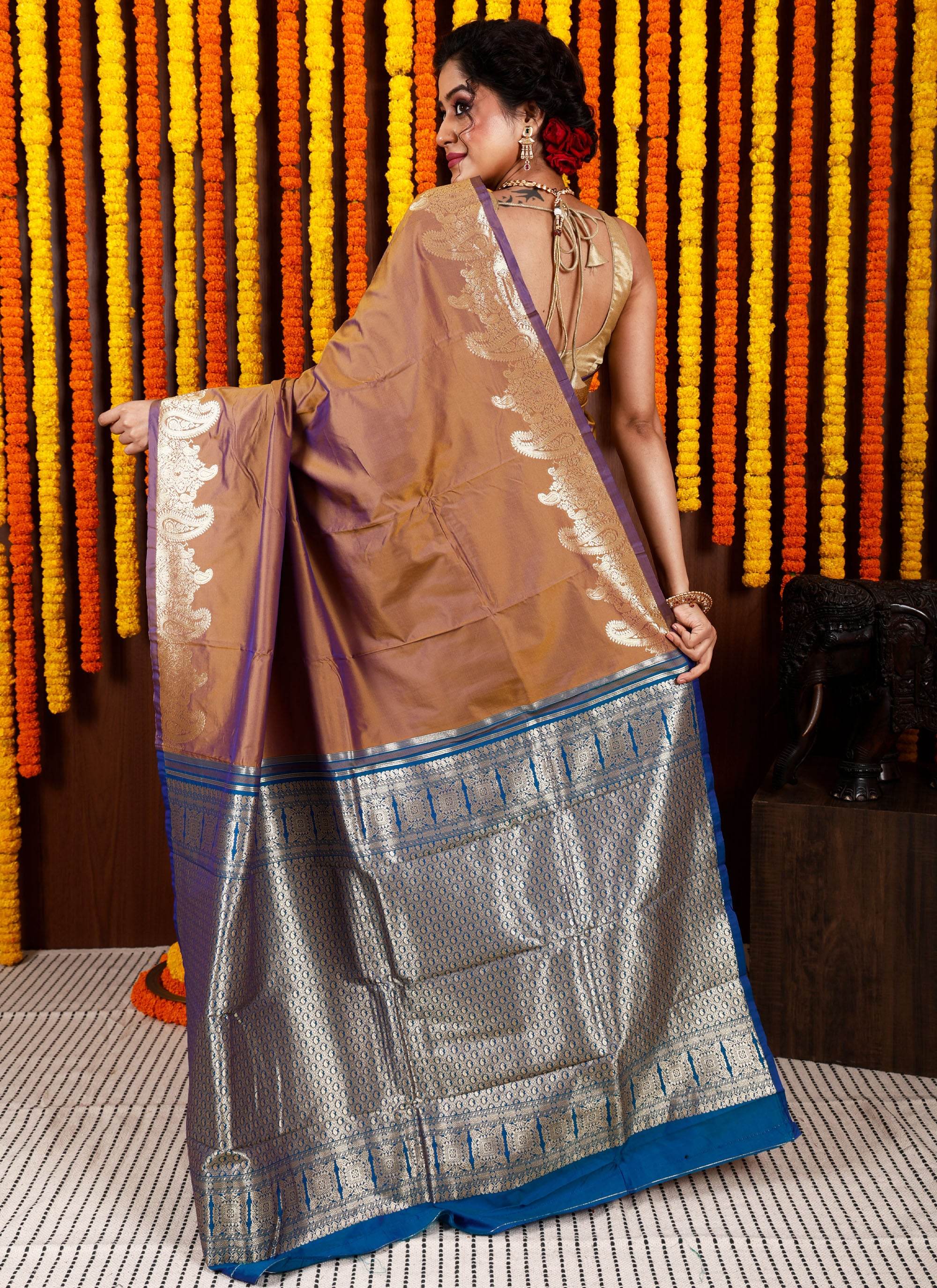Dual shades of Mustard and Purple Kanjivaram Silk Saree With Blouse Piece - Adi Akshoy & Co.