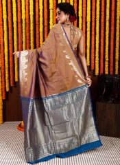 Dual shades of Mustard and Purple Kanjivaram Silk Saree With Blouse Piece - Adi Akshoy & Co.