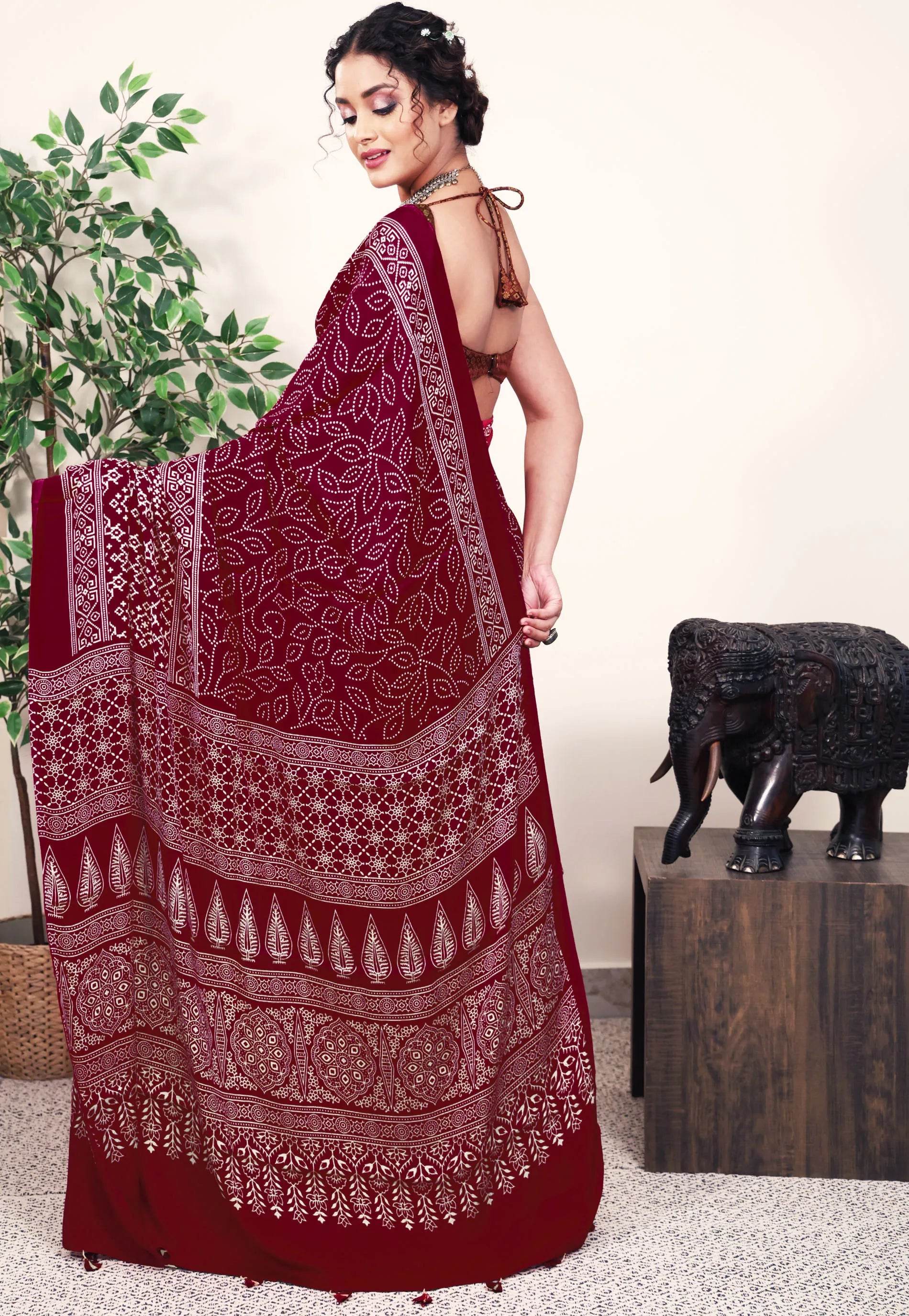 Maroon Ajrakh print in Modal Silk Saree With Blouse Piece - Adi Akshoy & Co.