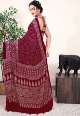 Maroon Ajrakh print in Modal Silk Saree With Blouse Piece - Adi Akshoy & Co.