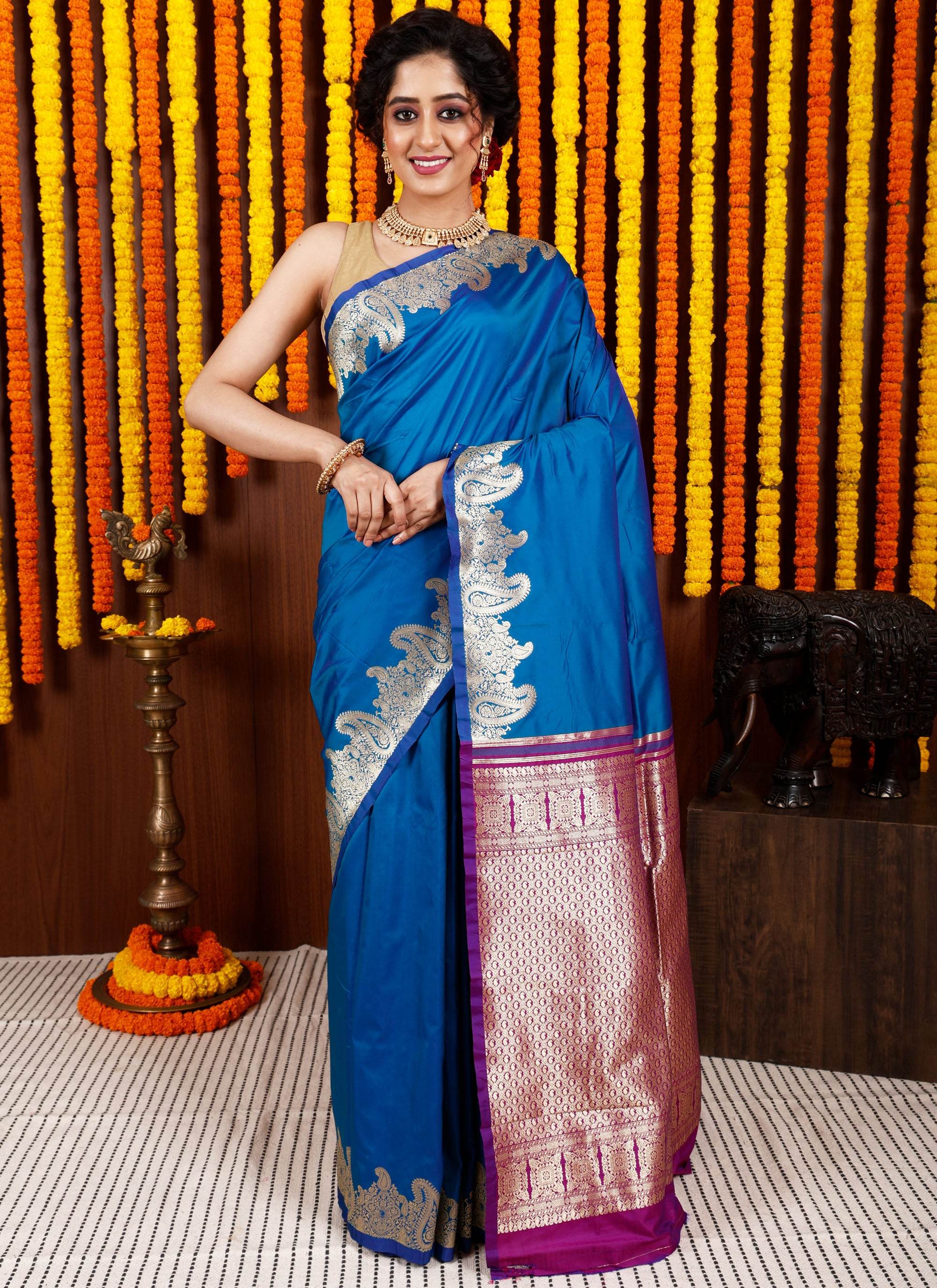 Blue Kanjivaram Silk Saree With Blouse Piece - Adi Akshoy & Co.