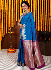 Blue Kanjivaram Silk Saree With Blouse Piece - Adi Akshoy & Co.