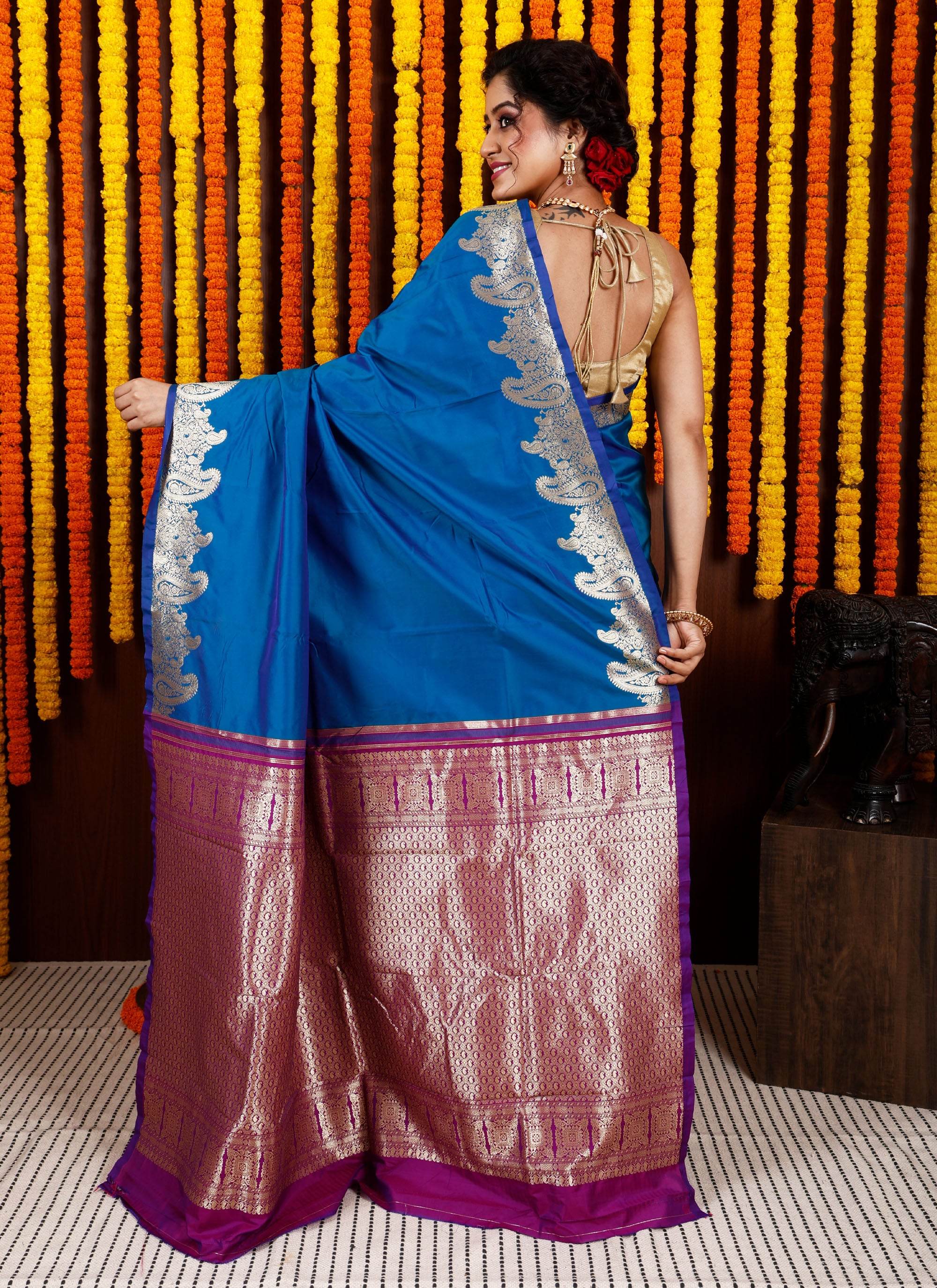 Blue Kanjivaram Silk Saree With Blouse Piece - Adi Akshoy & Co.