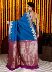 Blue Kanjivaram Silk Saree With Blouse Piece - Adi Akshoy & Co.