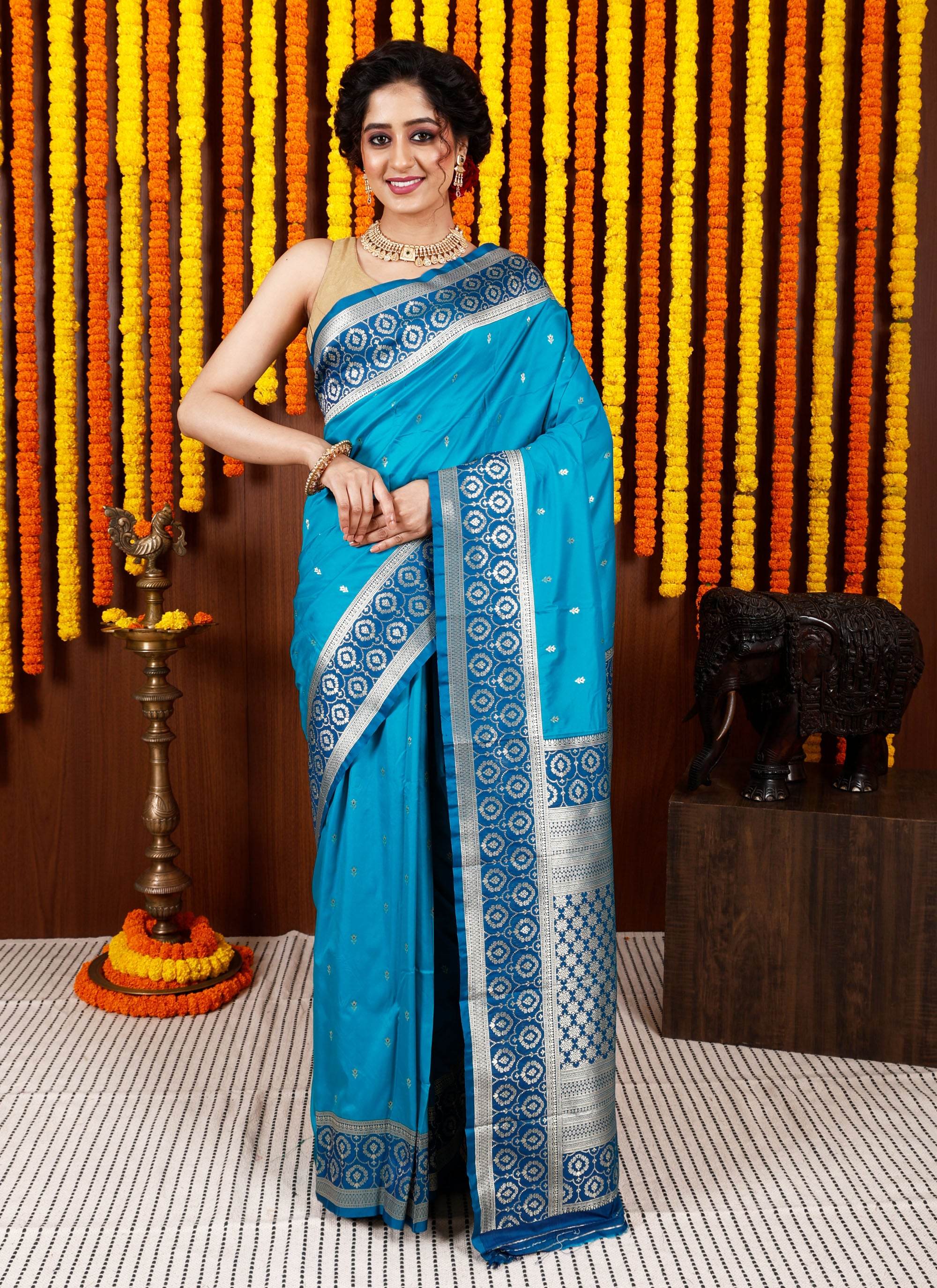 Feroza Blue with Peacock Blue Border Kanjivaram Silk Saree With Blouse Piece - Adi Akshoy & Co.