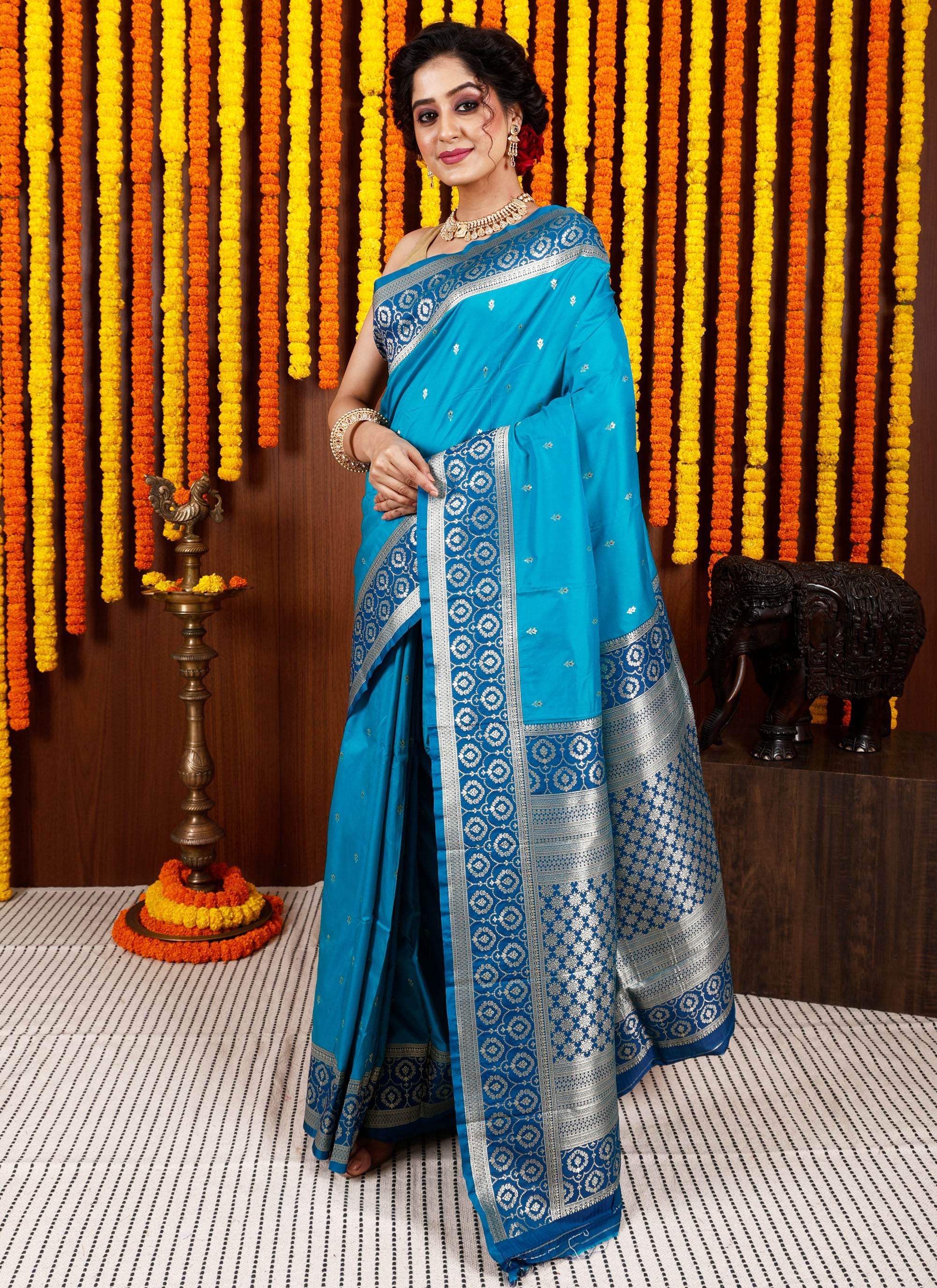 Feroza Blue with Peacock Blue Border Kanjivaram Silk Saree With Blouse Piece - Adi Akshoy & Co.
