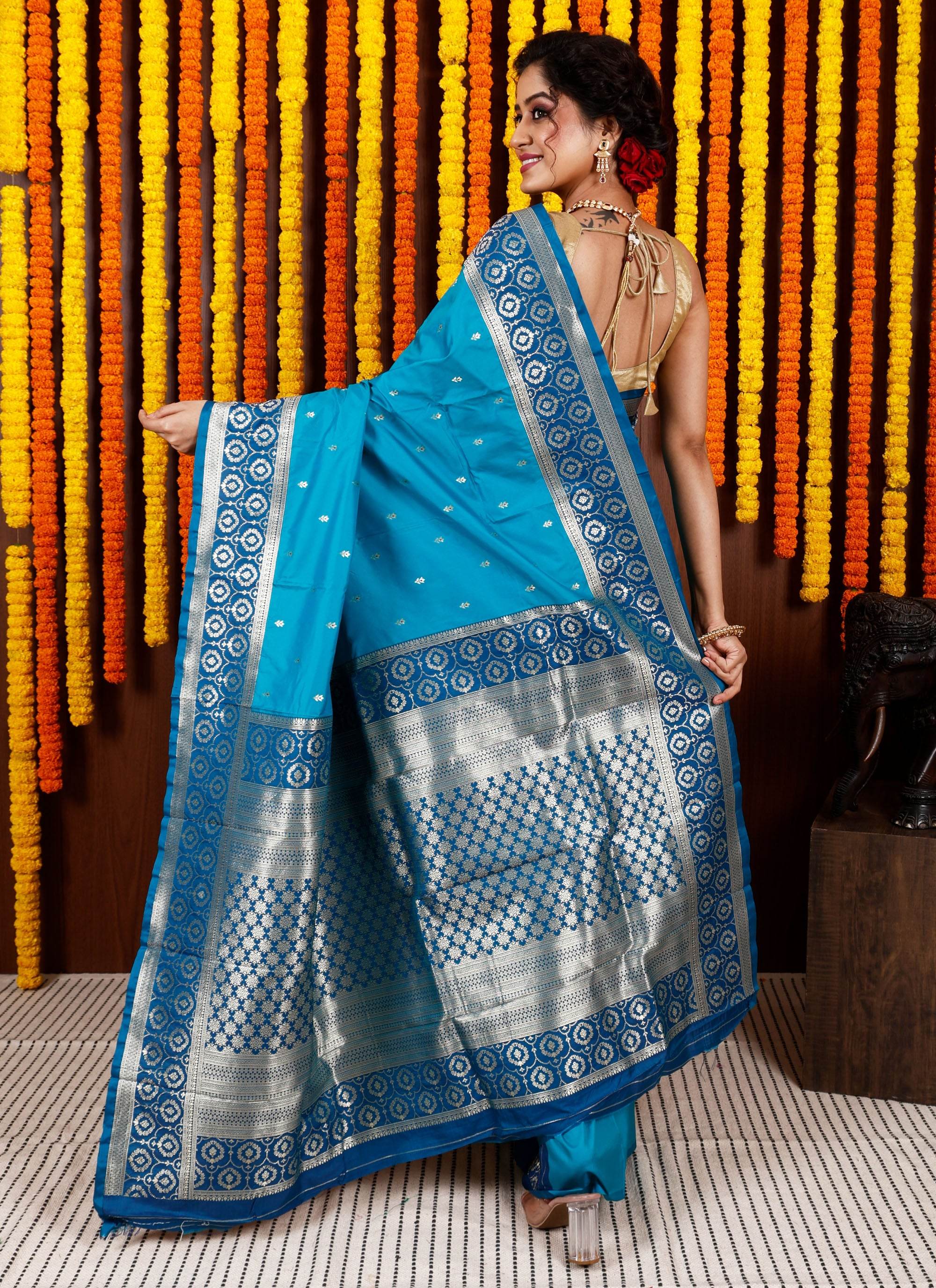 Feroza Blue with Peacock Blue Border Kanjivaram Silk Saree With Blouse Piece - Adi Akshoy & Co.