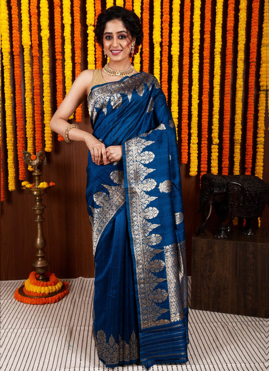 Turquoise Blue Tussar Pure Silk Saree with Blouse Piece - Adi Akshoy & Co.