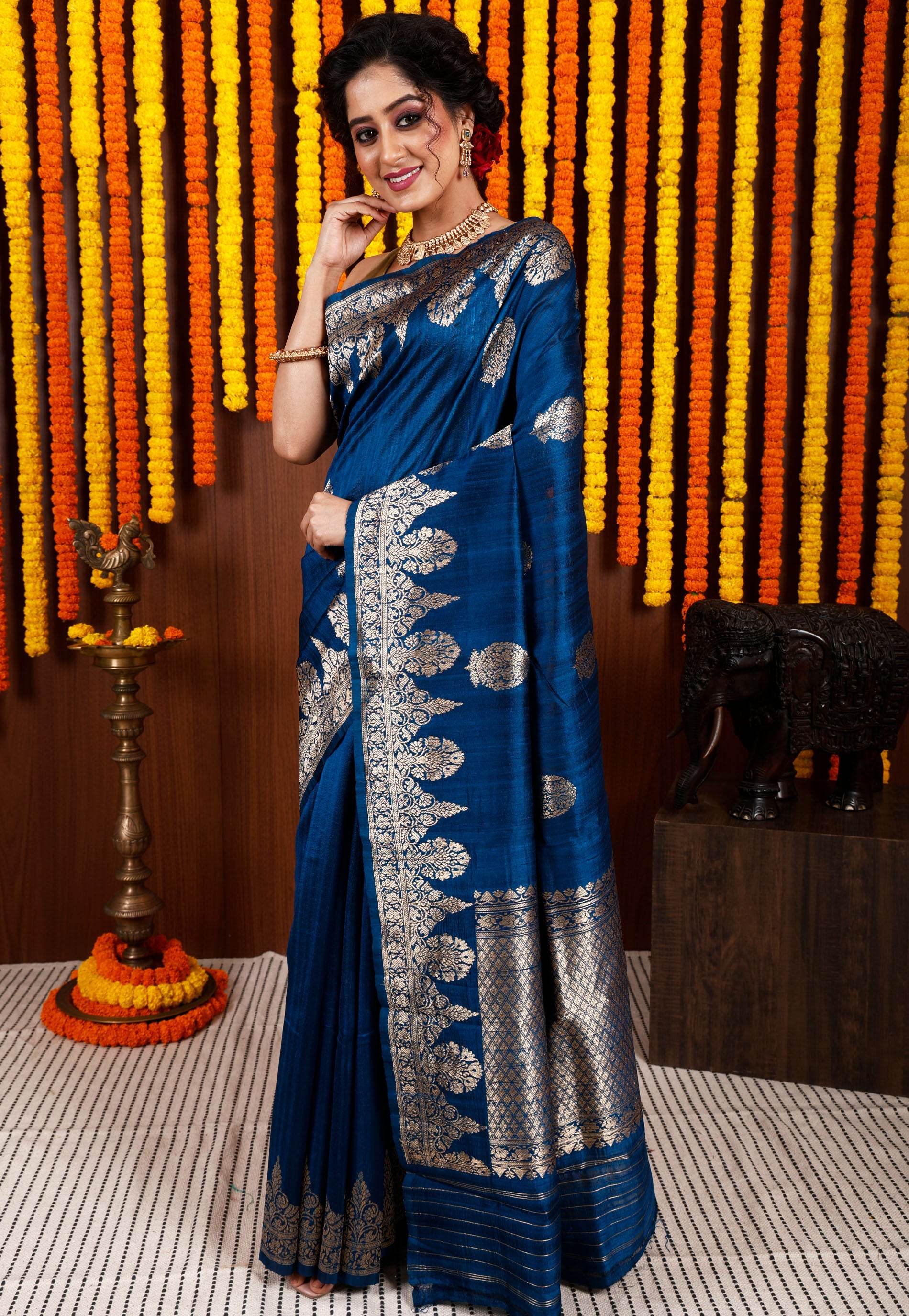 Turquoise Blue Tussar Pure Silk Saree with Blouse Piece - Adi Akshoy & Co.