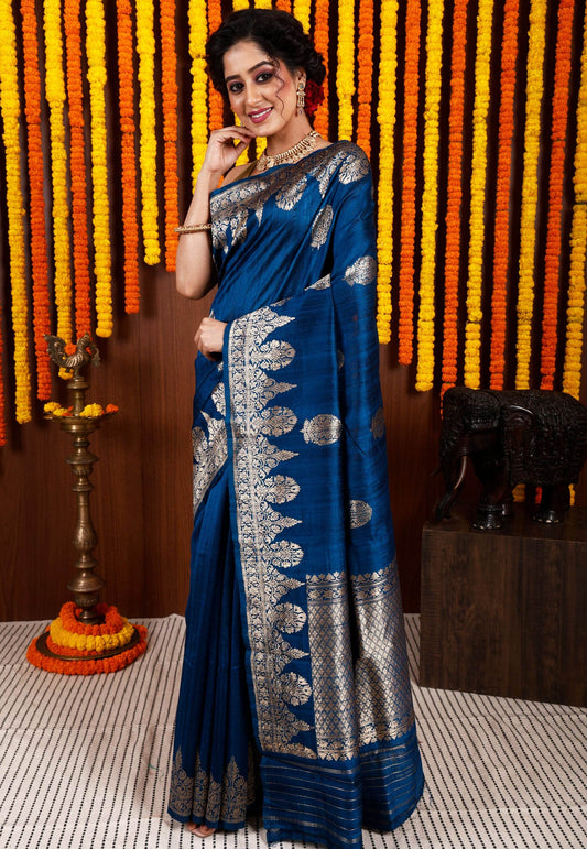 Turquoise Blue Tussar Pure Silk Saree with Blouse Piece - Adi Akshoy & Co.