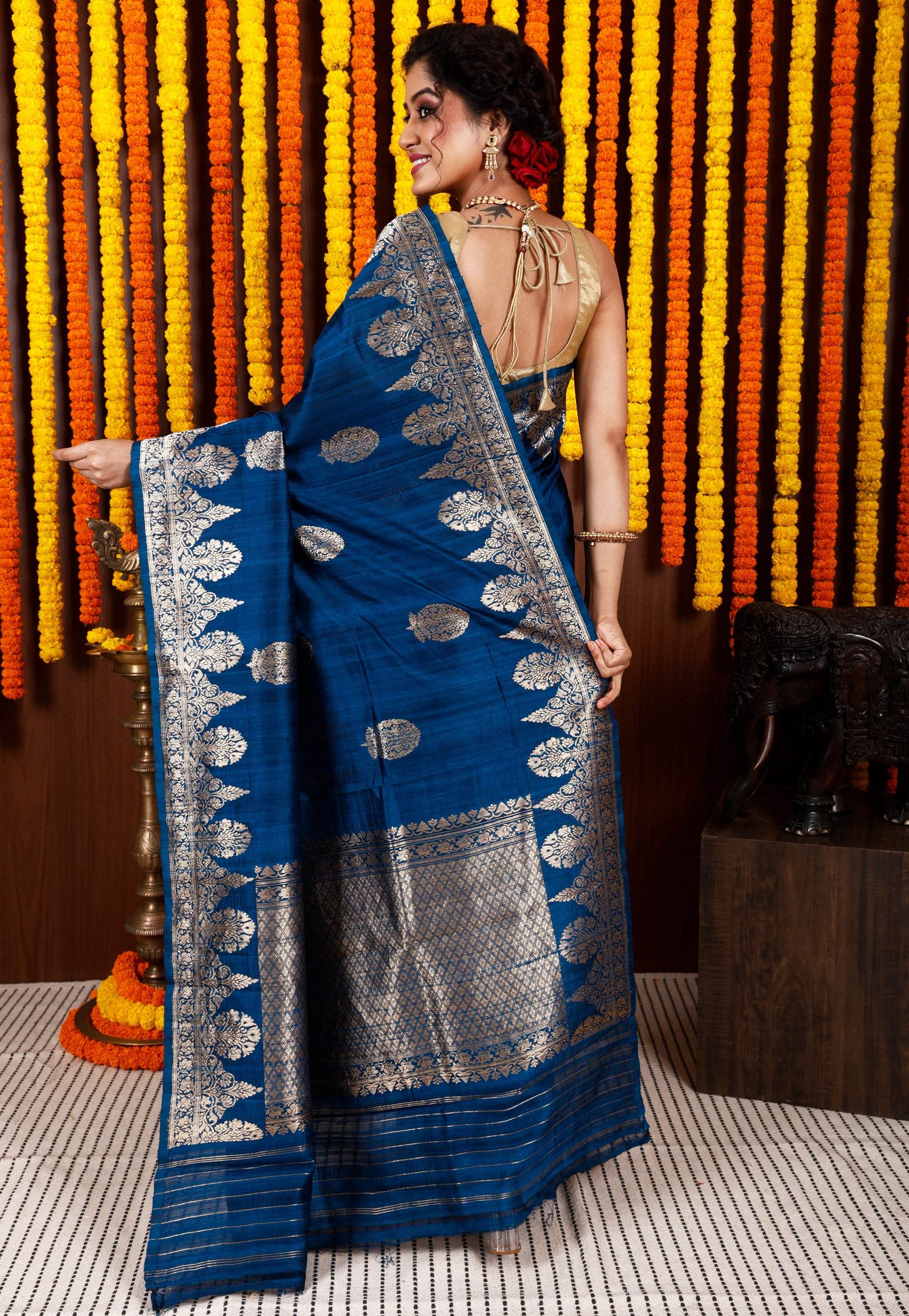 Turquoise Blue Tussar Pure Silk Saree with Blouse Piece - Adi Akshoy & Co.