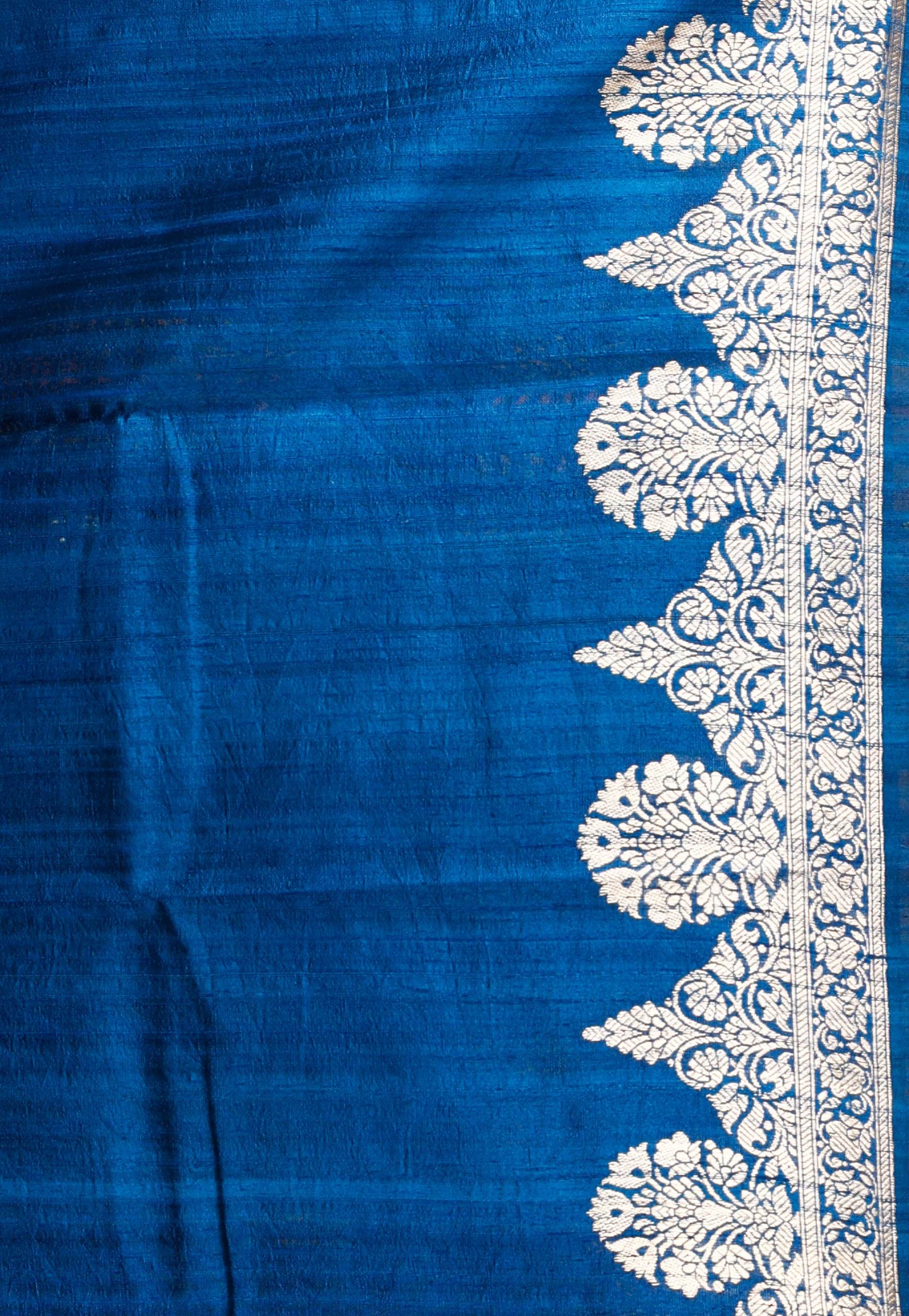 Turquoise Blue Tussar Pure Silk Saree with Blouse Piece - Adi Akshoy & Co.
