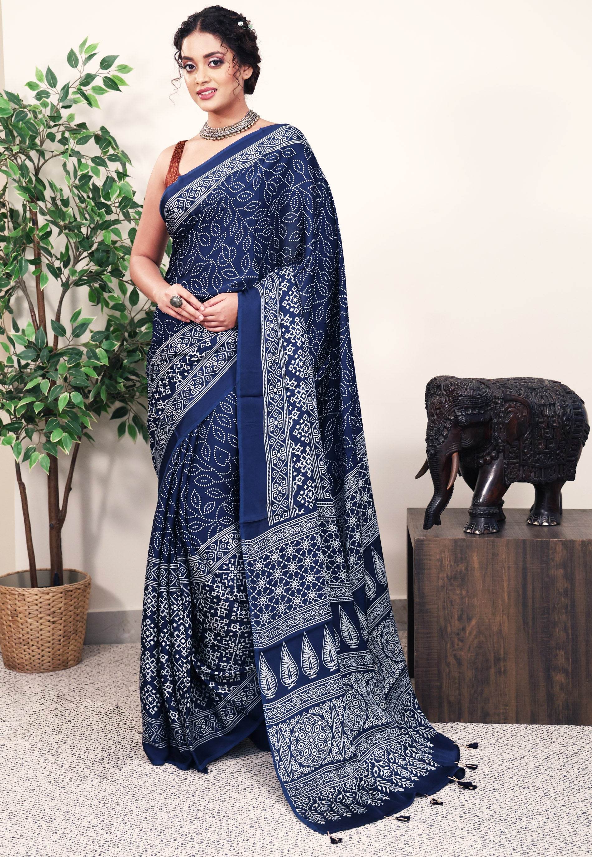 Navy Blue Ajrakh print in Modal Silk Saree With Blouse Piece - Adi Akshoy & Co.