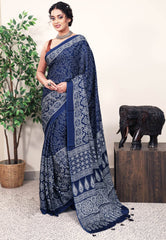Navy Blue Ajrakh print in Modal Silk Saree With Blouse Piece - Adi Akshoy & Co.