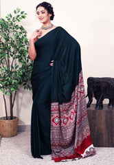 Bottle Green Ajrakh print in Modal Silk Saree With Blouse Piece - Adi Akshoy & Co.