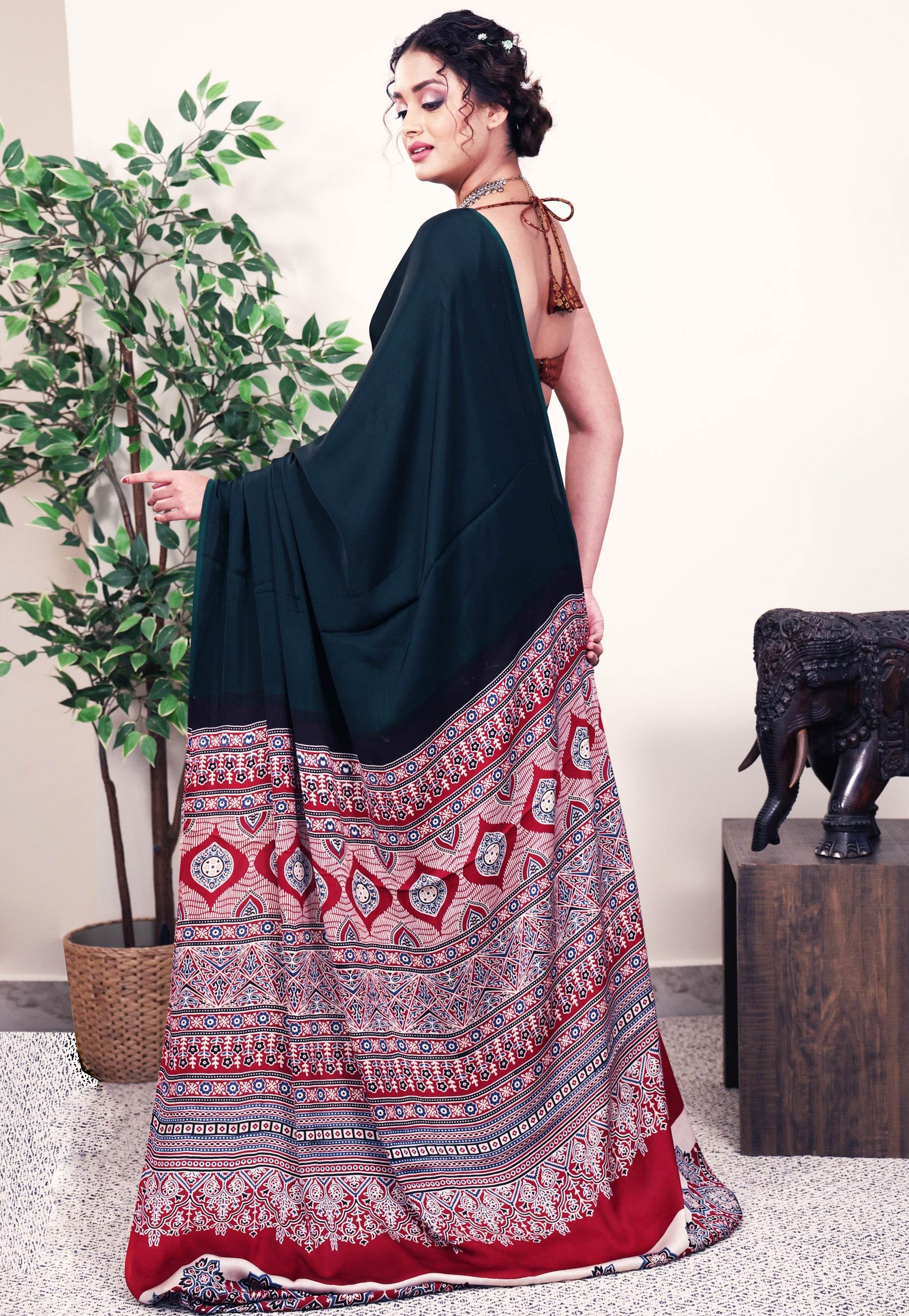 Bottle Green Ajrakh print in Modal Silk Saree With Blouse Piece - Adi Akshoy & Co.