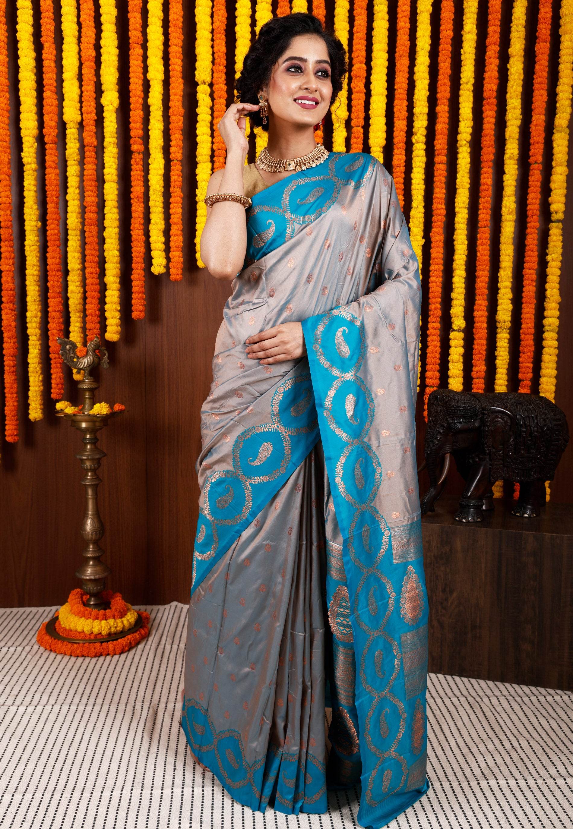 Grey with Feroza Blue Border Base Kanjivaram Silk Saree With Blouse Piece - Adi Akshoy & Co.