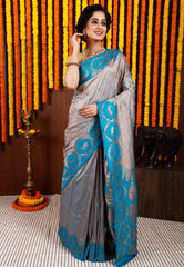 Grey with Feroza Blue Border Base Kanjivaram Silk Saree With Blouse Piece - Adi Akshoy & Co.