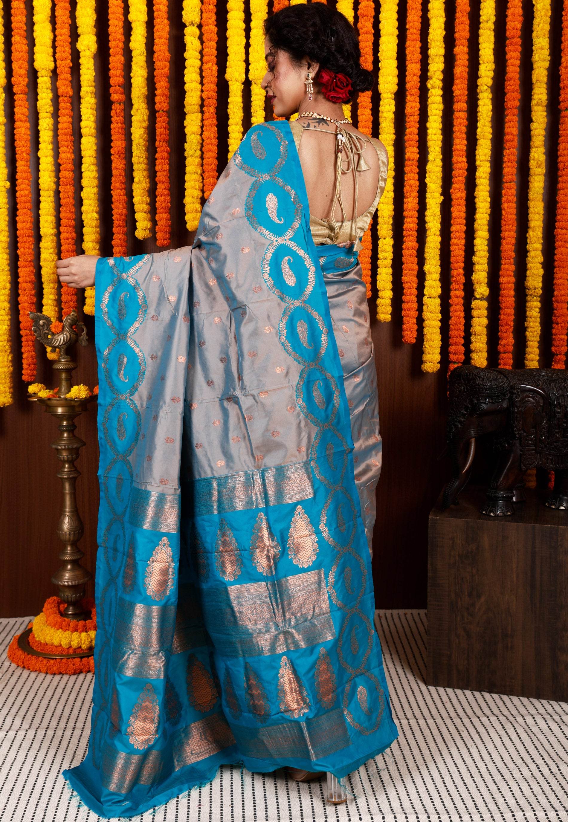 Grey with Feroza Blue Border Base Kanjivaram Silk Saree With Blouse Piece - Adi Akshoy & Co.