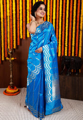 Feroza Blue Katan Silk Saree With Blouse Piece - Adi Akshoy & Co.