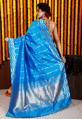 Feroza Blue Katan Silk Saree With Blouse Piece - Adi Akshoy & Co.