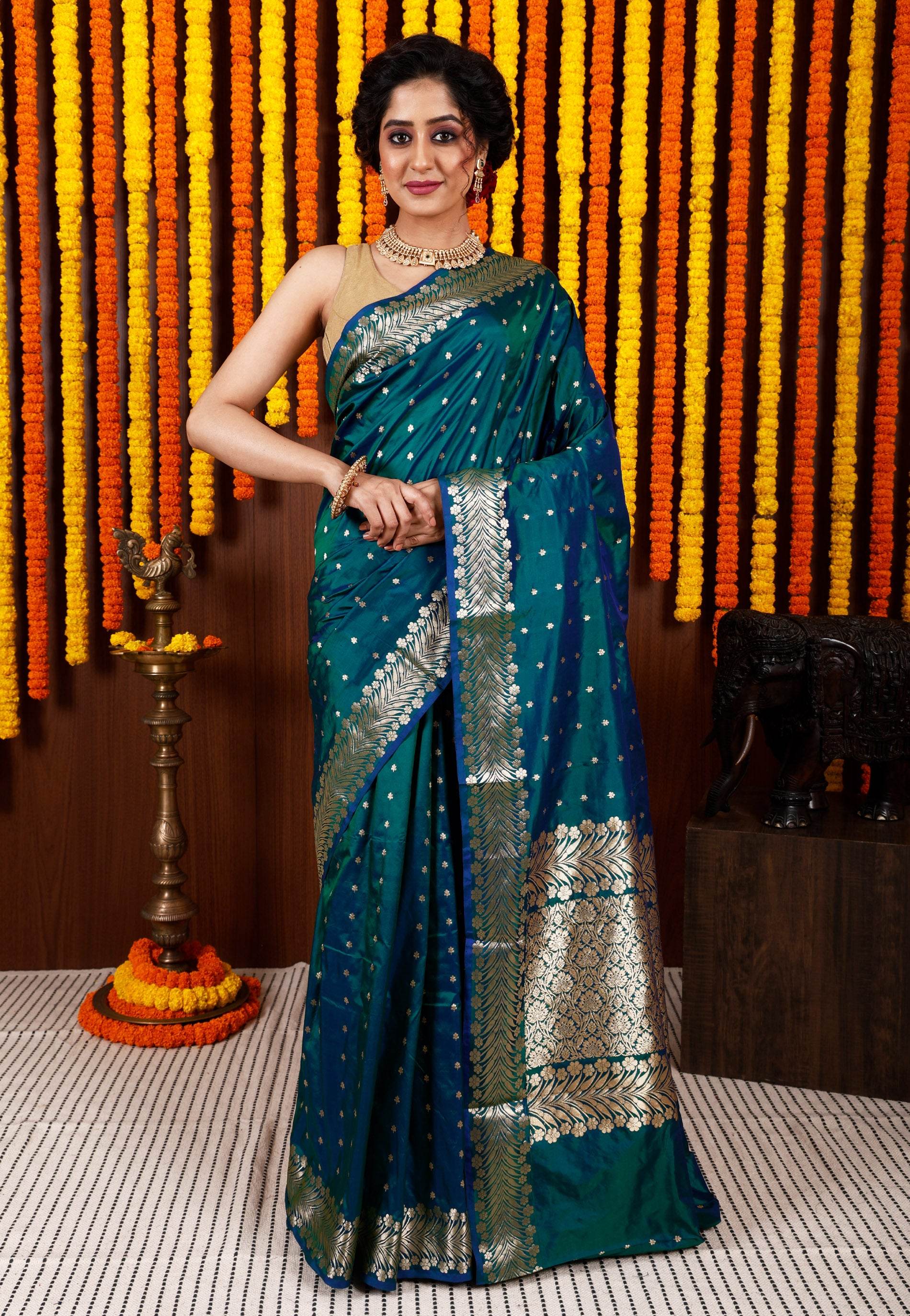 Peacock Blue Katan Silk Saree With Blouse Piece - Adi Akshoy & Co.