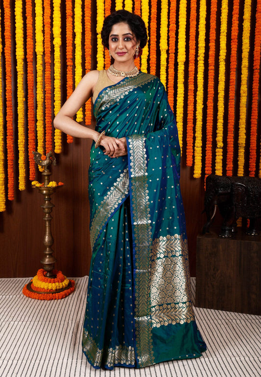 Peacock Blue Katan Silk Saree With Blouse Piece - Adi Akshoy & Co.