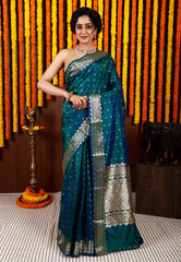 Peacock Blue Katan Silk Saree With Blouse Piece - Adi Akshoy & Co.