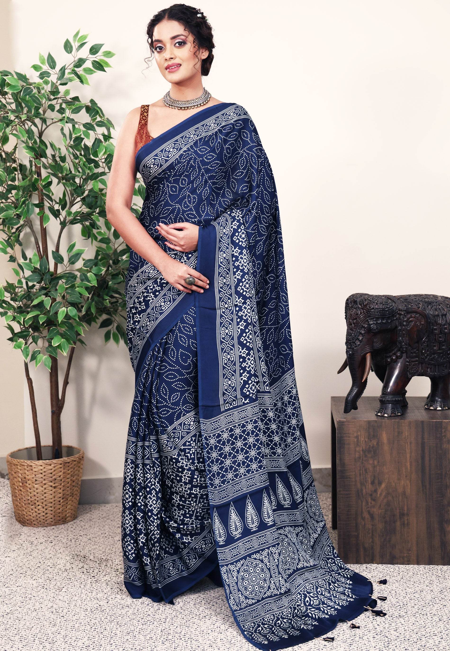 Navy Blue Ajrakh print in Modal Silk Saree With Blouse Piece - Adi Akshoy & Co.