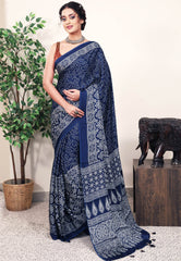 Navy Blue Ajrakh print in Modal Silk Saree With Blouse Piece - Adi Akshoy & Co.