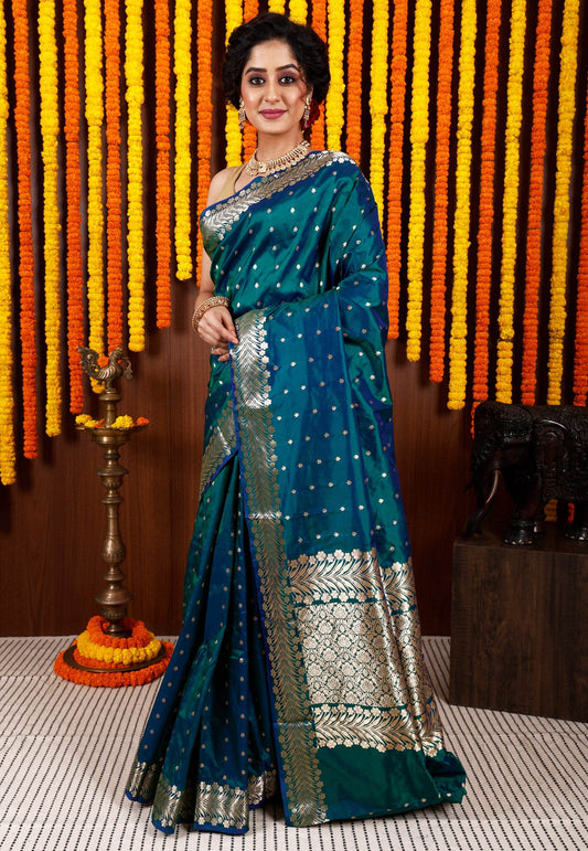 Peacock Blue Katan Silk Saree With Blouse Piece - Adi Akshoy & Co.