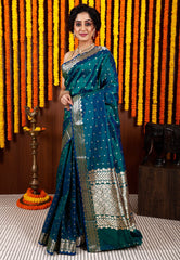 Peacock Blue Katan Silk Saree With Blouse Piece - Adi Akshoy & Co.