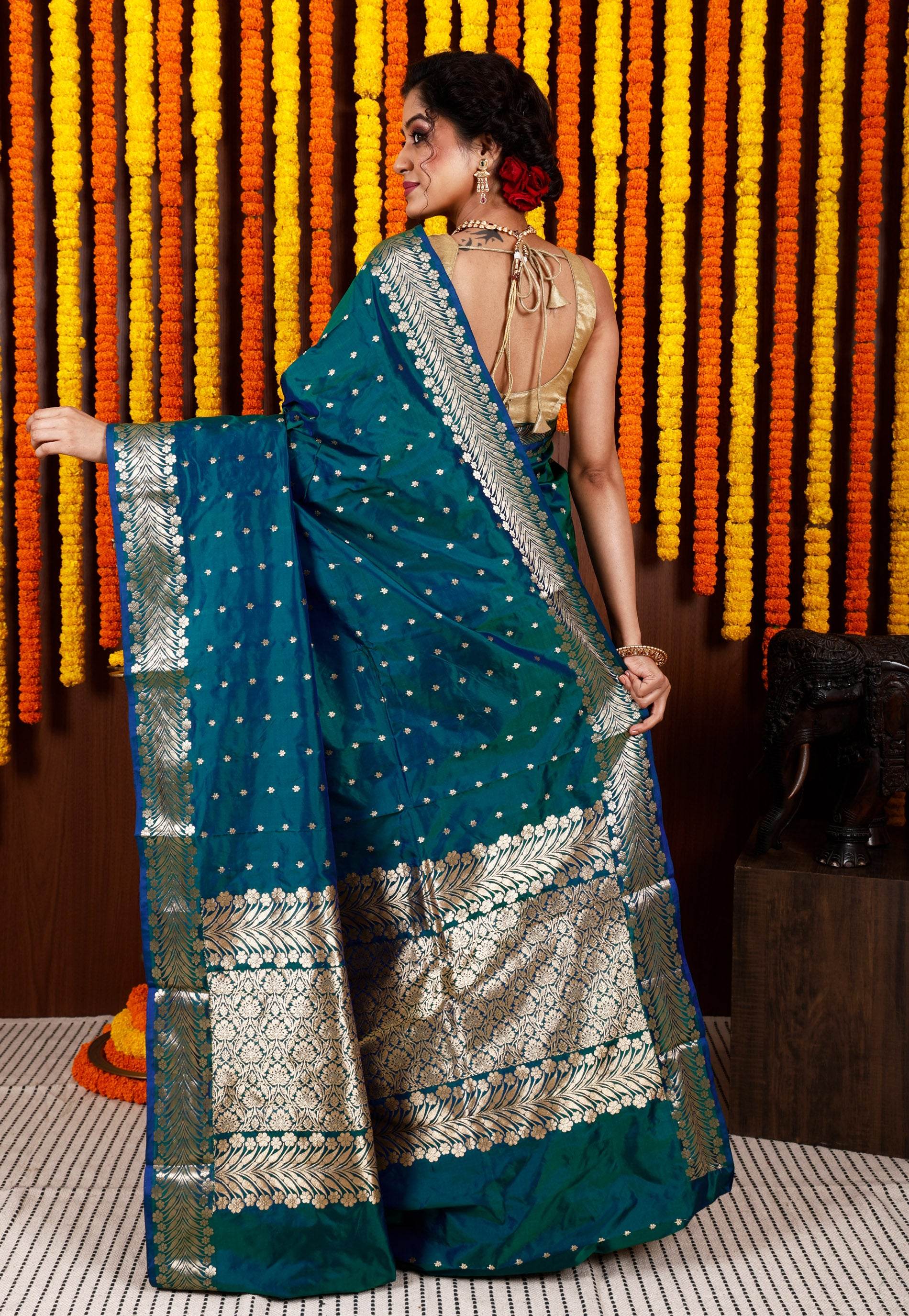 Peacock Blue Katan Silk Saree With Blouse Piece - Adi Akshoy & Co.