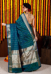 Peacock Blue Katan Silk Saree With Blouse Piece - Adi Akshoy & Co.