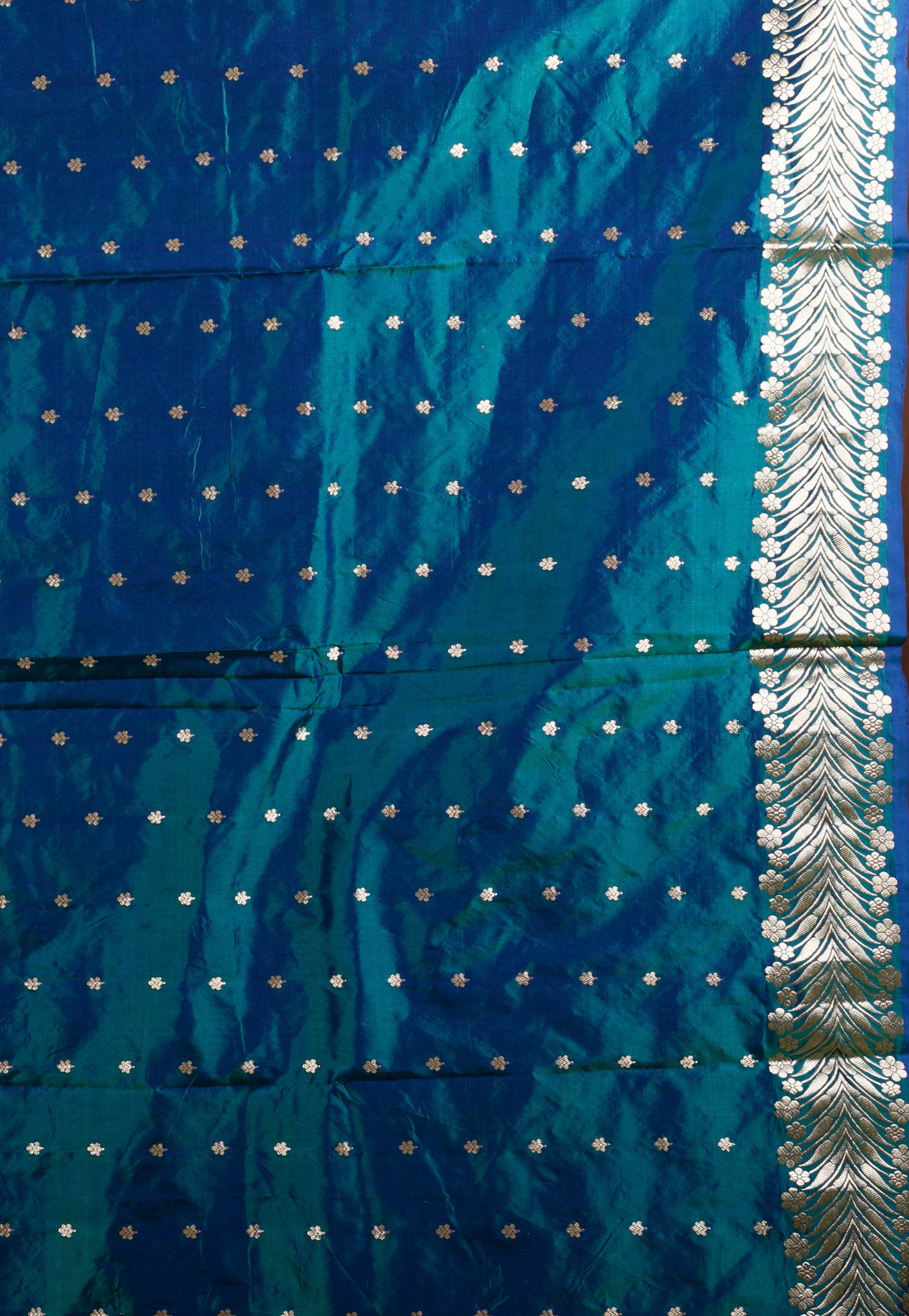 Peacock Blue Katan Silk Saree With Blouse Piece - Adi Akshoy & Co.