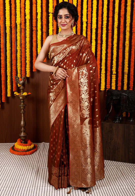 Rust Katan Silk Saree With Blouse Piece - Adi Akshoy & Co.
