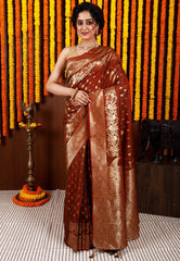 Rust Katan Silk Saree With Blouse Piece - Adi Akshoy & Co.