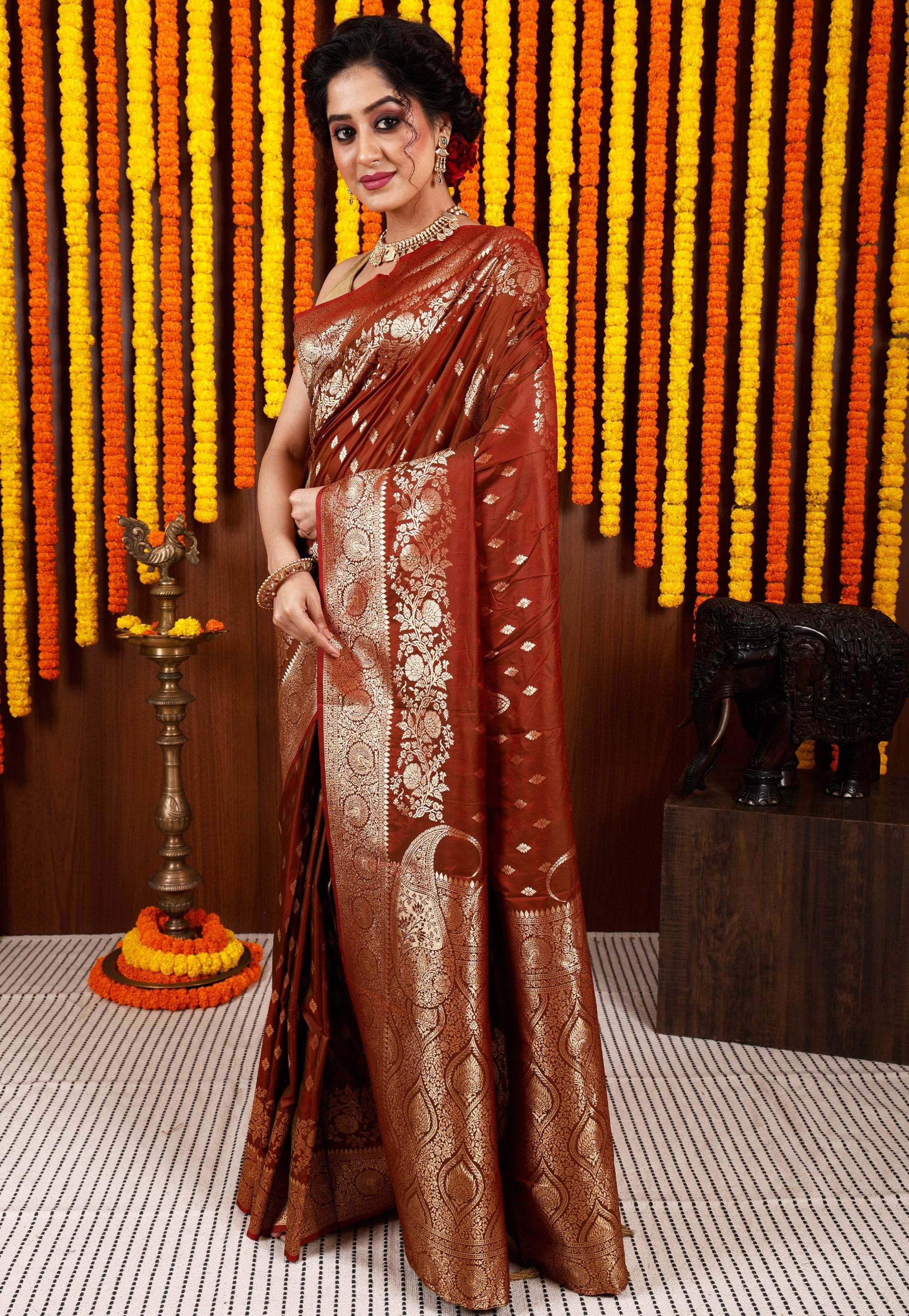 Rust Katan Silk Saree With Blouse Piece - Adi Akshoy & Co.