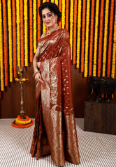Rust Katan Silk Saree With Blouse Piece - Adi Akshoy & Co.