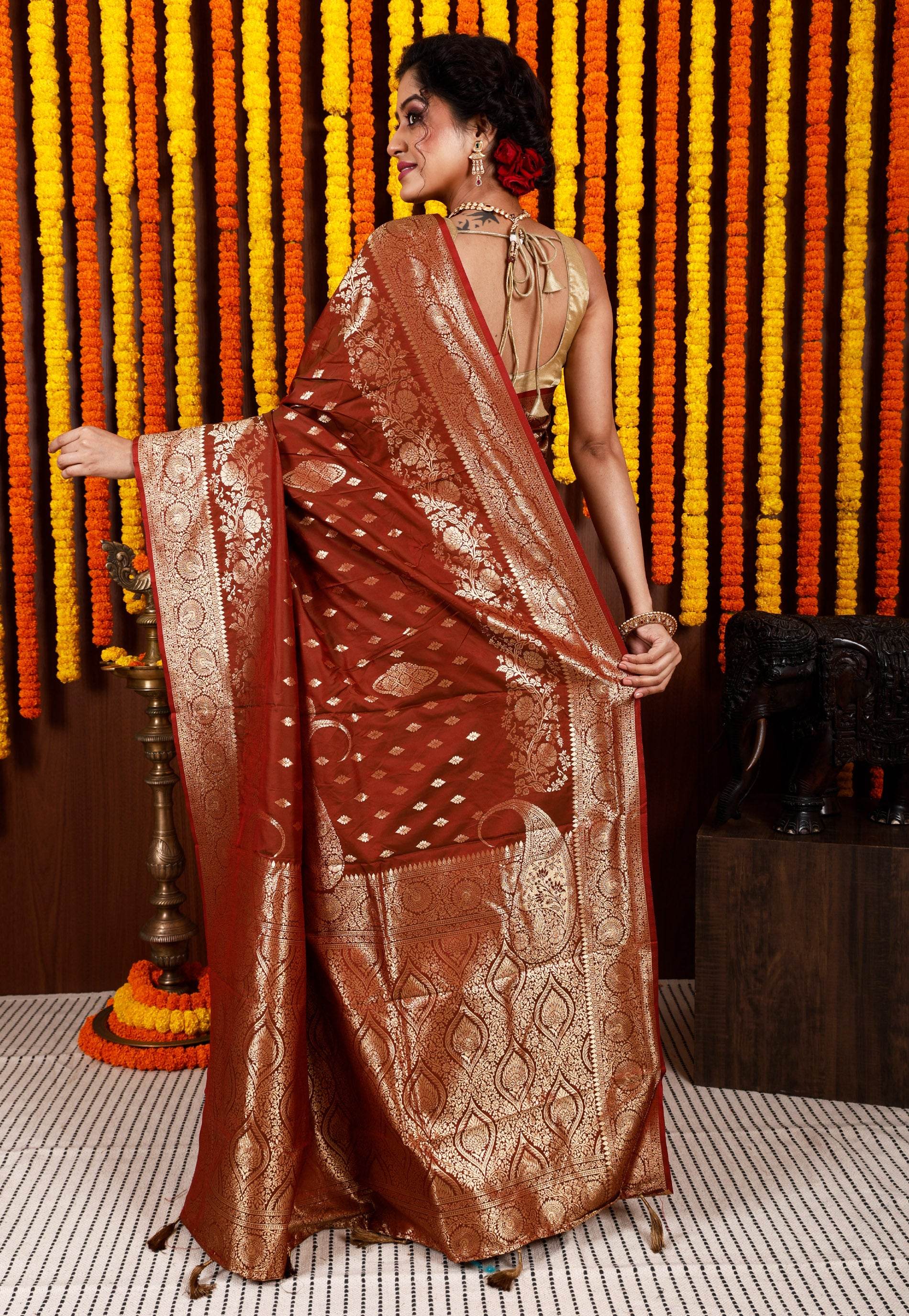 Rust Katan Silk Saree With Blouse Piece - Adi Akshoy & Co.